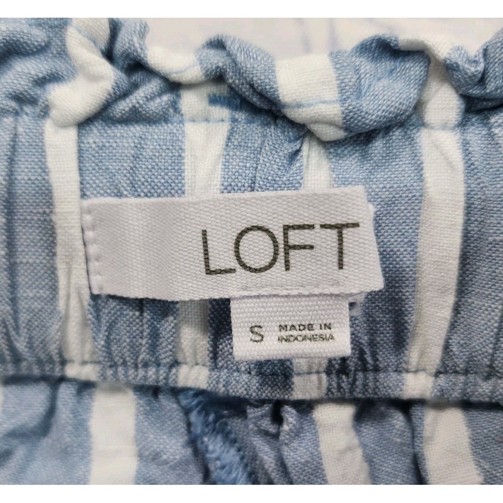 Loft WOMENS SIZE S Paperbag Taper Pants Blue White Stripe Linen Blend Belted - Picture 7 of 10